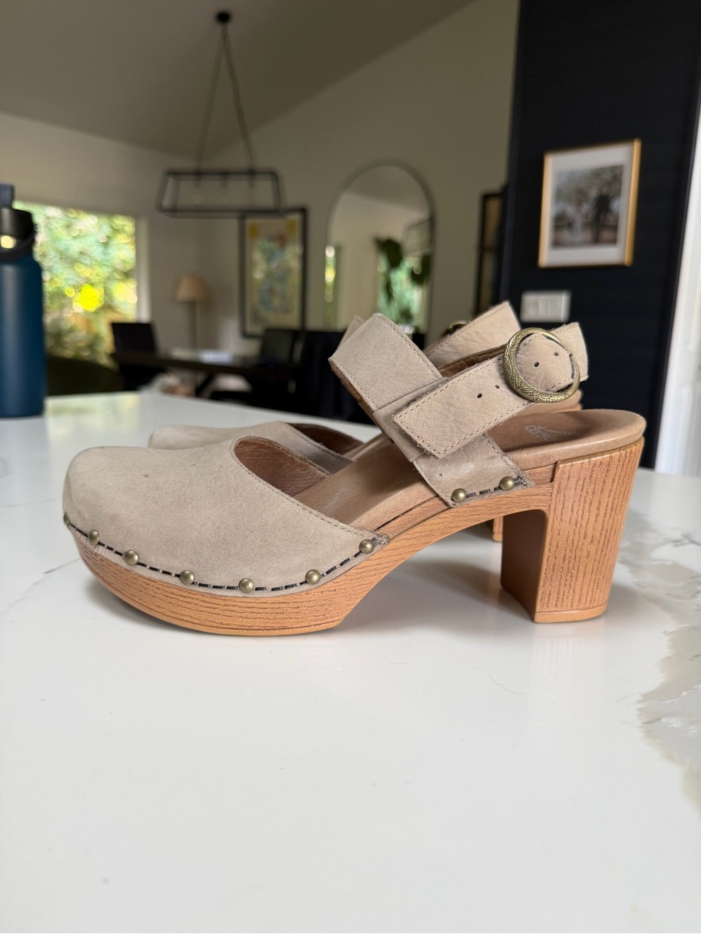 Dansko Beige Suede Studded Clog Heels with Adjustable Buckle